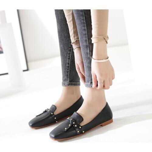 Square Toe Flats Leather Woman Shoes Size 42 43 White Black Shoes for Women Comfortable Slip on Shoes Woman Flats Trending Rivet