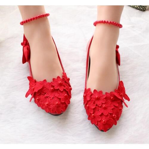 Flat red lace shoes woman ankle beading straps comfortable ballet dancing flats shoe for woman lady girls anniversary shoe NQ269