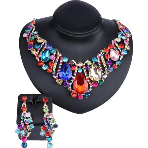 Fashion Charm Gold Color Jewelry Sets For Women Crystal Pendant Necklace Earrings Party Dress Accessories