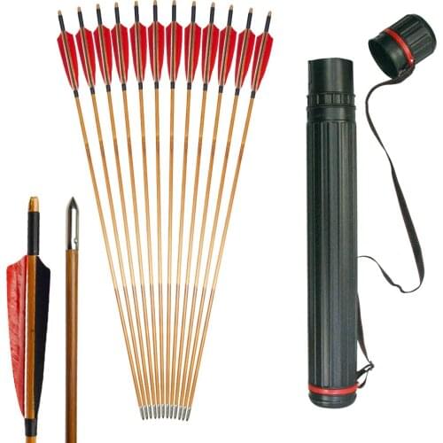 12 Pcs Archery Handmade Bamboo Hunting Arrows 33'' With Turkey Feather For Traditional Recurve Long Bow With Arrow Quiver