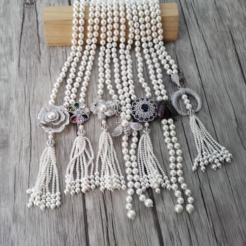 4Pcs Unique Design Bee Ladybug Pendant CZ Micro Pave,Natural Shell Pearl Beads Tassels Charm Chain Women Jewelry Necklace NK535