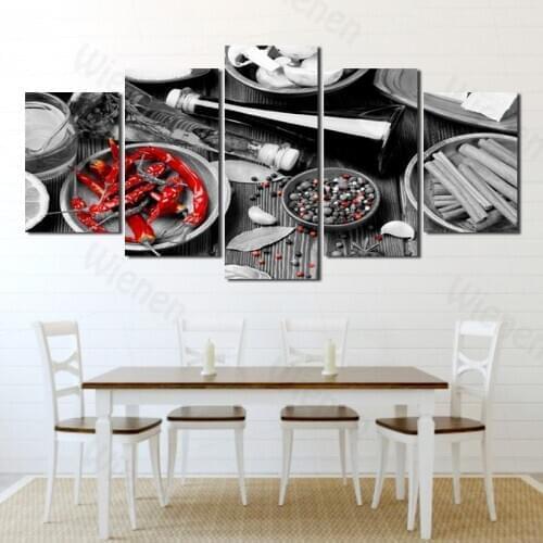 Chili Spice 5 Pieces Canvas Painting Food Kitchen Black Red Poster and Print Minimalist Mural Picture Restaurant Restaurant Deco