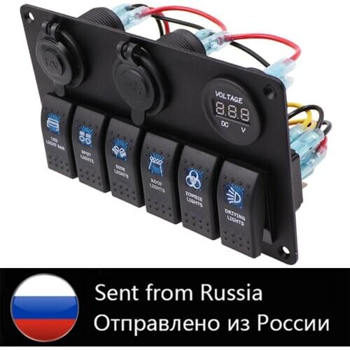 6 Gang Waterproof LED Digital Voltage Display Rocker Switch Panel Dual USB Slot Socket For Car SUV Marine RV Truck Camper Boat