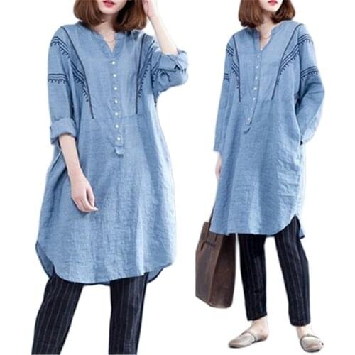 New Fashion Blouses Women Long Tops Clothing 2020 Oversize Blusas Cotton Linen Embroidery Flower Irregular Long Sleeve Shirts