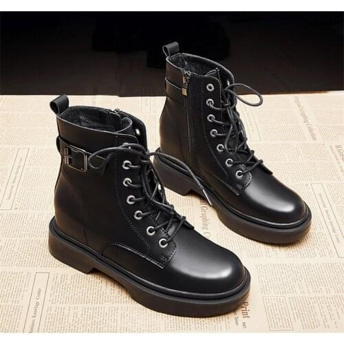 Classic Genuine Leather Fashion Women Snow Boots 7CM High Heels Casual Ankle Boot Military Combat Chelsea Martin boots