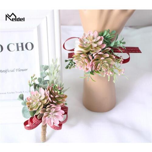 Meldel Boutonniere Buttonhole Men Wedding Bracelet Bridesmaid Women Brooch Flower Corsage Pin Wedding Bracelet Witness Corsages