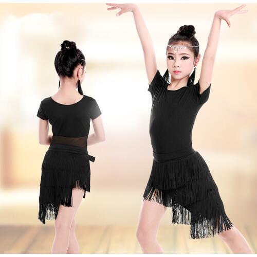 Girls Kids Children Modern Ballroom Latin Dance Dress Black mesh Fringe Salsa Tango Dance Wear Black Performance Stage Wear
