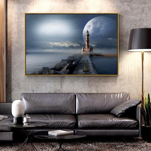 Forbeauty Oil Canvas Painting lighthouse-moon-rocks-beach-fantasy For Home Decoration Wall Art