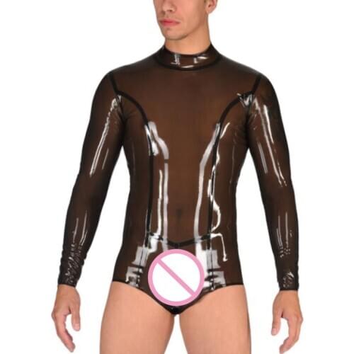 Made of 0.4mm thickness natural transparent black mens latex bodysuit Fetish with back zipper decorations