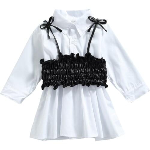 2021 0-6Y Fashion Kids Girl Clothes Long Sleeve White Solid Color Lapel Shirt Dress with Leather Pleated Vest Spring Autumn 2pcs