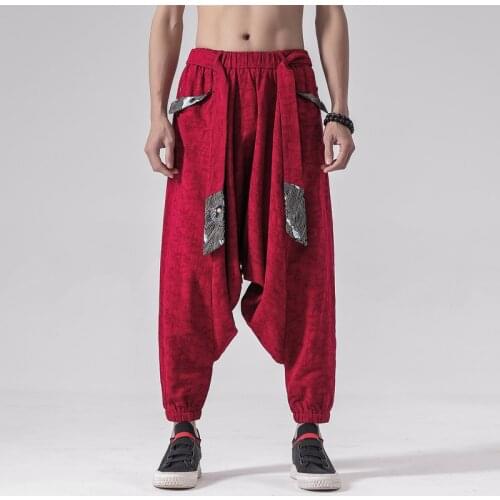 2021 Men Hip Hop Baggy Cotton Harem Pants Mens Linen Wide Leg Trousers Male Chinese Style Vintage Cross Pants Crotch Robe Pants