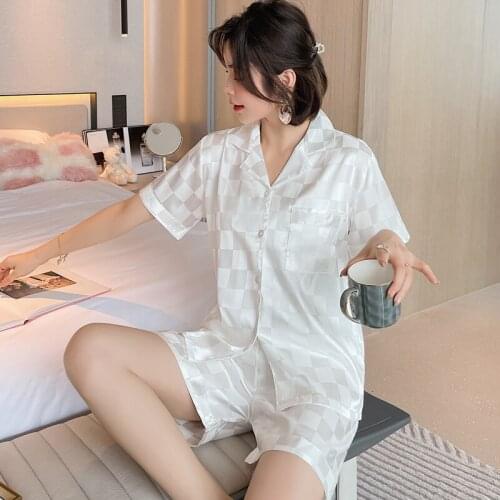 New Pajamas Summer Sleepwear Ice Silk Short Sleeve Womens Nightwear White Plaid Pyjamas Set Pajama Set Women Simple two-piece