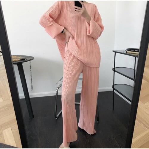 Obrix Light Loose Summer Female Set O-Neck Full Sleeve Pullover Mid Waist Straight Pants Streetwear Fashion Outfit For Ladies