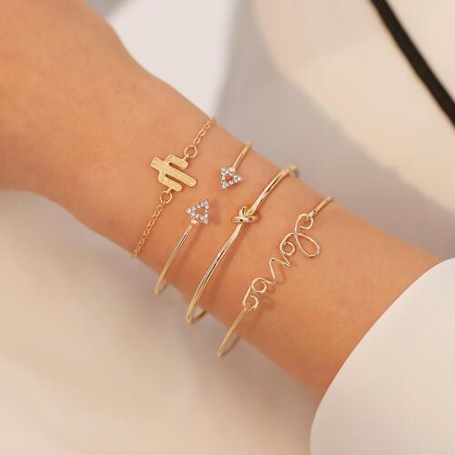 Simple Multi-layer Alloy Zircon Triangle Cactus Pattern Bracelet Set For Women Letter LOVE Knotted Cuff Bracelet Jewelry Gift