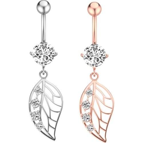 Simple Stainless Steel Pentagram Circle Zircon Belly Ring Leaf Moon Stars Pendant Belly Button Nail Women Body Piercing Jewelry