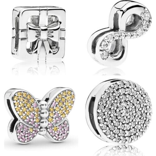 925 Sterling Silver Reflexions Bedazzling Butterfly Clip Charm Fit pandora Reflexions Bracelet Elegance Clip Charm DIY Jewelry