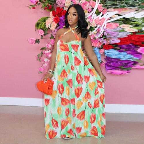 RMSFE 2021 Temperament Sexy Mature Bohemia Style Seaside Holiday Sleeveless Hanging Neck Show Back Loose Flower Print Long Dress
