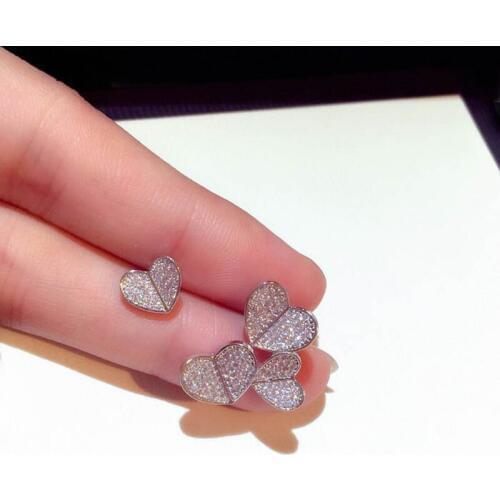 Hot Genuine 925 Sterling Silver Asymmetry Heart Stud Earrings Jewelry Women CZ Zircon Earring for Girl Party Birthday
