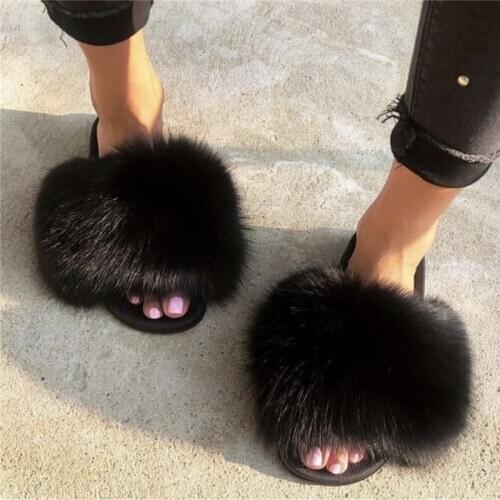 Womens Fox Fur Slippers Female House Fluffy Fur Slides Plush Furry Shoes Girls Cute Flip Flops Ladies Sandals Large Size 36-45