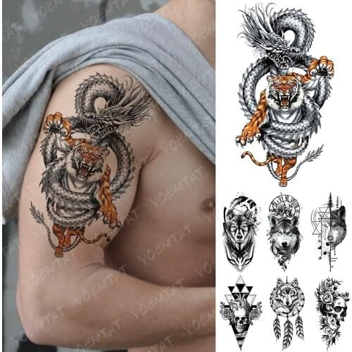 Waterproof Temporary Tattoo Sticker Dragon Tiger Geometry Wolf Flash Tattoos Heart Skull Body Art Arm Fake Tatoo Women Men