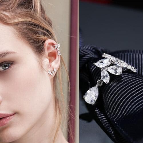 ZAKOL Fashion Drop Water Clip Earrings Jewelry Zirconia Crystal Leaf Cuff Earring for Women Boucle D'oreille Aros EP2277