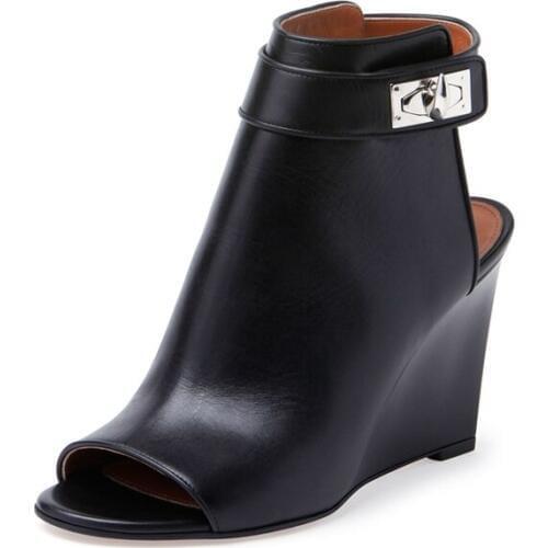 Women leather shoes with open nose high wedges heels slingbacks mental women sxey high heel dress shoes chuassure female black