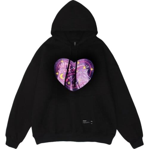 2021 Korean Fashion Fleece Kpop Mens Hip Hop Hoodies Pullover Cartoon Unicorn Heart Print Casual Women Hooded Sweatshirt Moleton