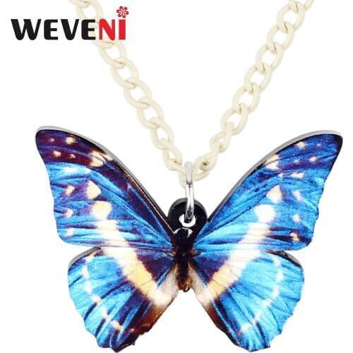 WEVENI Statement Acrylic Blue Morpho Cypris Butterfly Necklace Pendant Sweater Choker Insect Jewelry For Women Girls Gift Bijoux