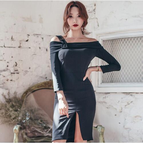 Fashion Korea Style Sexy Dress Women Off Shoulder Straight Collar Design Package Hip Sexy Black Dresses Spring 2017 vestido