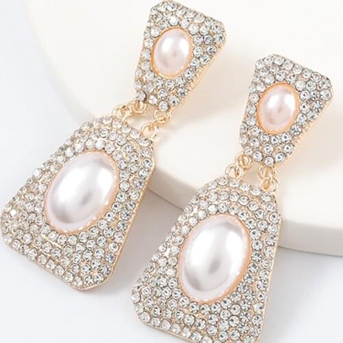 ZHINI Charming Colorful Crystal Geometry Dangle Drop Earrings for Women Fashion Punk Statement Earring Pearl Trendy Jewelry Gift