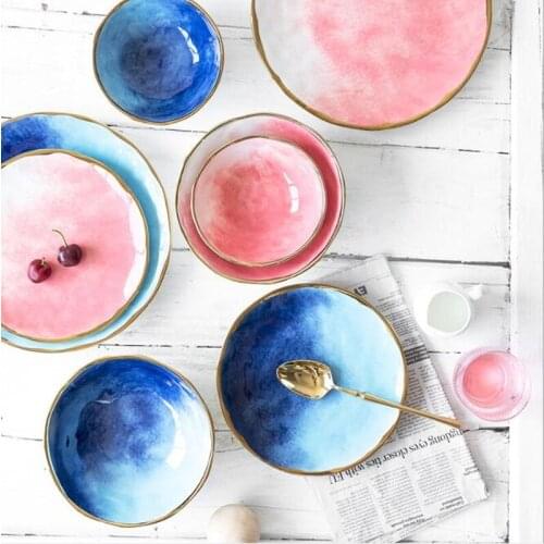 1PC Gilt Rim Light Luxury Gradient Salad Bowl Household Meal Bowl Ceramic Soup Bowl Plate Tableware Steak Dessert Plate