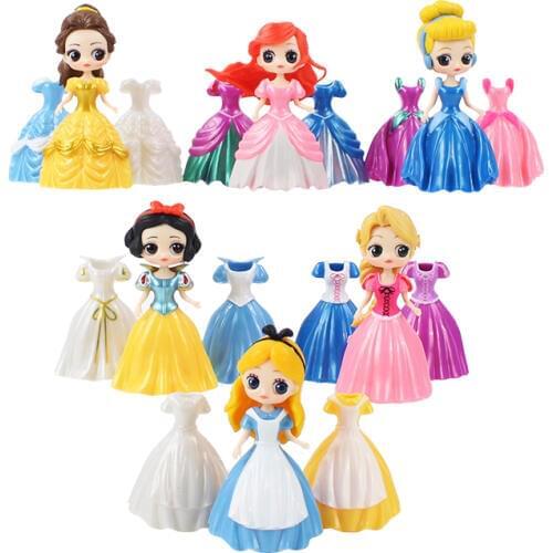 18pcs 10cm Princess Figures Dress Changeable Belle Alice Cinderella Ariel Mermaid Snow White Tangled Sleeping Beauty Model Toys