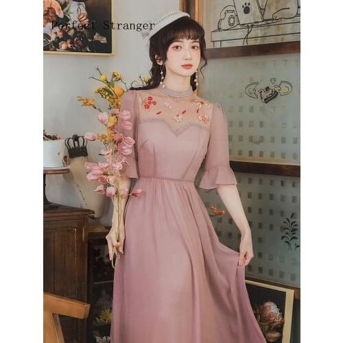 2021 Summer New Arrival Hot Sale Vintage Stand Collar Flower Embroidery Flare Sleeve Women Chiffon Long Dress