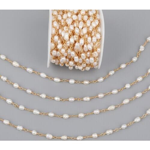 5Meter/Lot 4-6mm White Pearl Beads Jewelry Chains,Plated Gold Wire Wrapped Links Freeform Pearl Beads Rosary Chains DIY Necklace