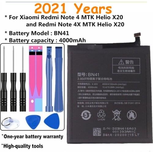 2021 Years 100% Capacity 4000mAh BN41 Battery For Xiaomi Redmi Note 4 / Note 4X MTK Helio X20 Editon Replacement Battery + Tools