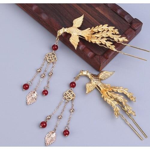 Chinese Style Phoenix Hairpin Womens Antique Hair Ornaments Metal Step Swaying Tassel Hair Sticks Retro Hanfu Hair Accessories