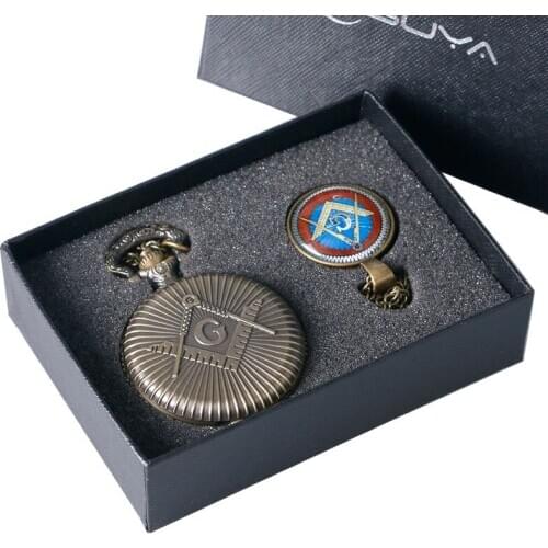 Bronze Freemasonry Masonic Jewelry Pocket Watch With Necklace Pendant And High Quality Chain Gift Set