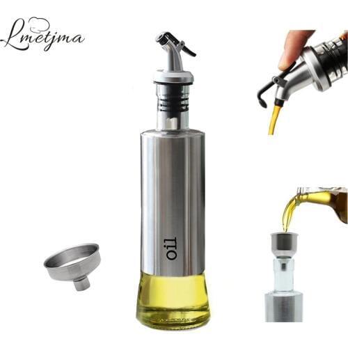 LMETJMA 300ML Olive Oil Dispenser Bottle with Funnel Stainless Steel Oil Pourer Dispensing Bottles Oil Vinegar Sauce Bottle