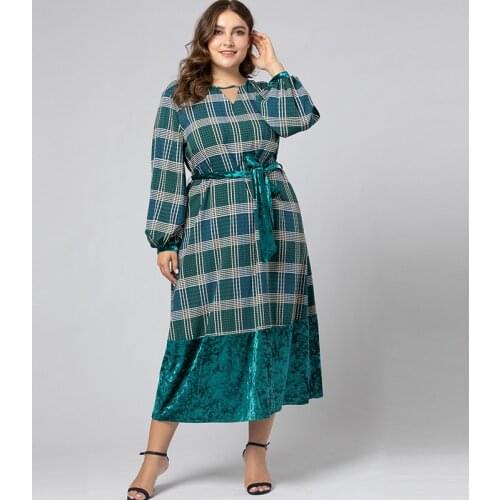 DOIB Plaid Plus Size Dress Women Green Plaid Velvet Patchwork V Neck Large Size Dress 2020 Office Lady Vintage Sashes Dress