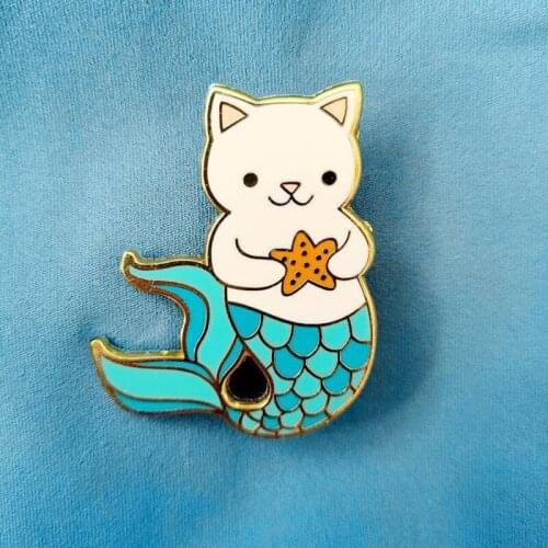 Blue Mermaid Cat Starfish Enamel Pins Cute Cartoon Animal Lapel Pin Jacket Jeans Badge Brooch Backpack Fashion Accessories Gift