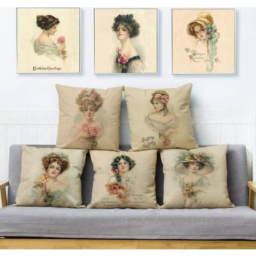 Europe Vintage Woman Lady Girl Print Throw Pillow Cushion Covers Linen Pillow throw pillow