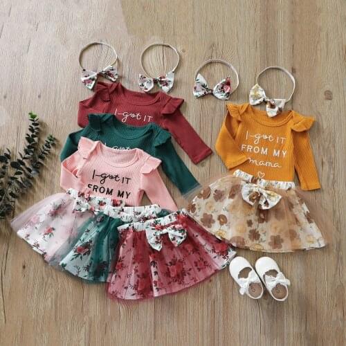 FOCUSNORM 4 Colors Sweet Baby Girls Clothes Sets 3pcs Letter Long Sleeve Knit Romper+Flowers Lace Skirts Headband