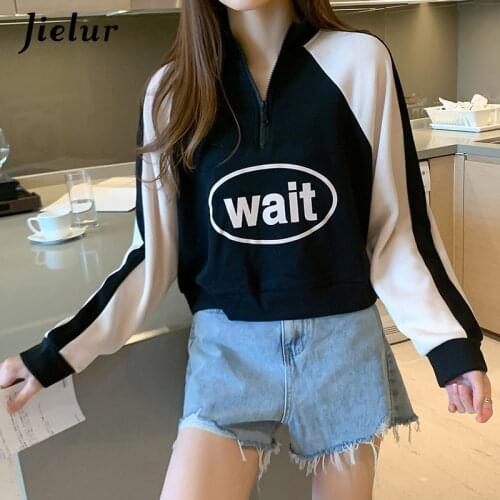 Jielur Fall New Letter Print Short Hoodies Young Fashion Zipper Women Sweatshirt Cool Street Black White M-XXL Female Clothing