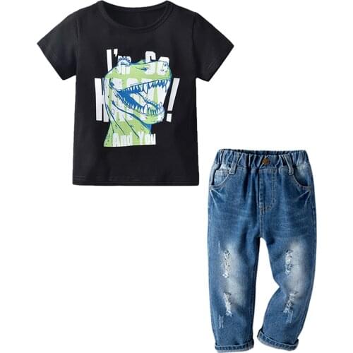 Baby Boys Two Piece Set Kids Lettering Short Sleeve T-shirt Elastic Waist Ripped Jeans for Children Sunsuit new