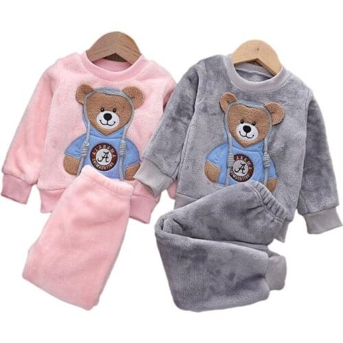 Toddler Girls Boys Clothing Set Autumn Warm Cartoon Bear Suit For Kids Plus Velvet Full Sleeve Shirt + Pants 2Pcs Outfits