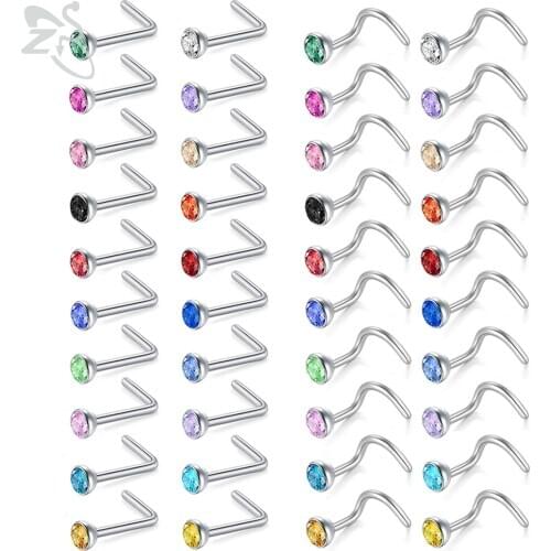 ZS 20pcs/lot Colorful CZ Crystal Nose Ring Set 20g Stainless Steel Nose Piercings 3MM Round Gem Bone Retainer Piercing Jewelry