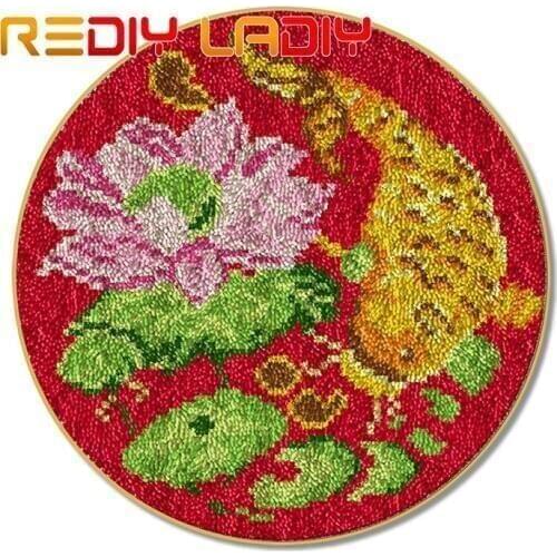 Latch Hook Rug Kits DIY Crocheting Carpet Rug Fish & Lotus Acrylic Yarn Printed Canvas Cushion Mat Crochet Wall Tapestry Crafts