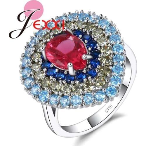 Delicate Multilayer Colorful Ring Red Classic Water Drop Crystal 925 Sterling Silver Jewelry for Women Wedding Engagement