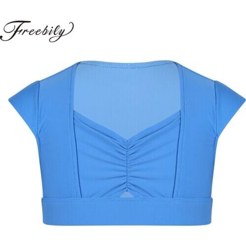 2019 Kids Girls Solid Color Cap Sleeves Pinched-Front Blouse Crop Top for Ballet Dance Class Stage Performance Workout Costumes