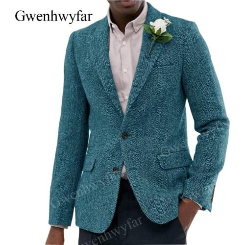 Gwenhwyfar 2020 Autumn Winter Wear Peaked Lapel Single Vent Herringbone Blazer set Male Suits Room Party Jacket with Black Pants